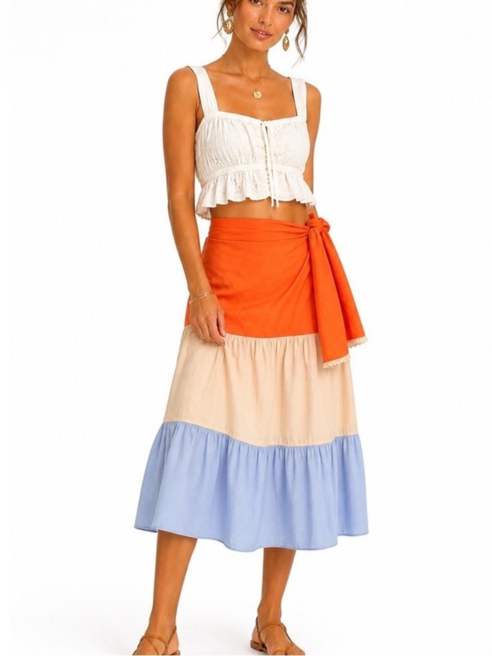 Tiered Colorblock Wrap Midi Skirt in Orange, Cream & Light Blue